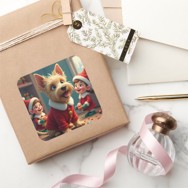 Scottish Terrier Helping Santa’s Elves Christmas Quadratischer Aufkleber (Schenken)