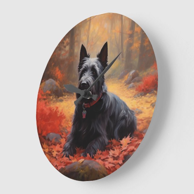 Scottish Terrier im Herbst Leaves Fall Inspiriert Große Wanduhr (Winkel)