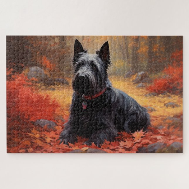 Scottish Terrier im Herbst Leaves Fall Inspiriert Puzzle (Horizontal)