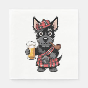 Scottish Terrier in Tartan Kilt mit Bier und Pipe Serviette