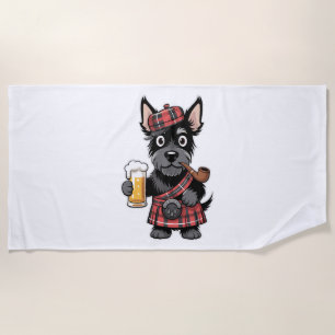 Scottish Terrier in Tartan Kilt mit Bier und Pipe Strandtuch