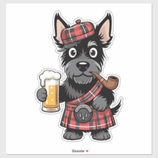 Scottish Terrier in Tartan Kilt with Beer and Pipe Aufkleber