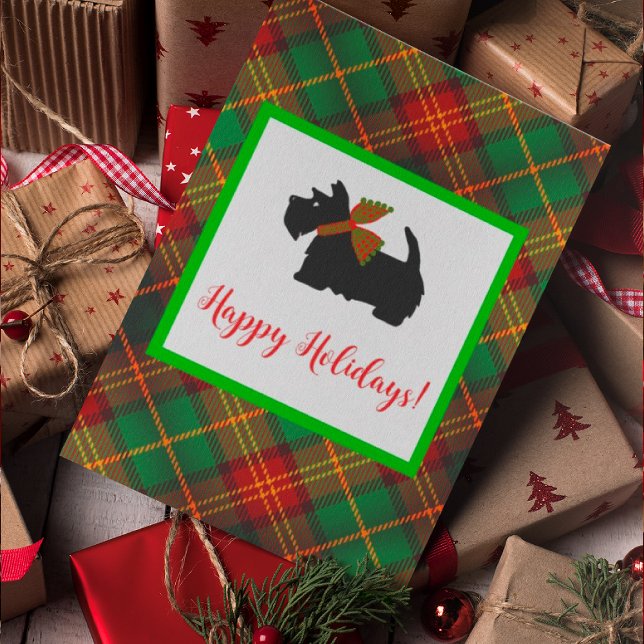 Scottish Terrier Kariert Holiday Greeting Card (Jaunty Scottie dog is the star of this holiday card! You can personalize.)