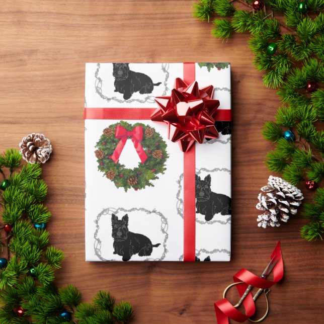 Scottish Terrier mit Weihnachtskranz Geschenkpapier (Feiertagsgeschenk)