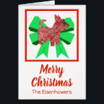 Scottish Terrier Niedlich Christmas Dog Bow Card<br><div class="desc">Scottish Terrier / Scottie Hund Silhouette in mit abstraktem  Weihnachtspapier und grünem Bogen. Weihnachts- und Neujahrsbotschaften können auf alles geändert werden,  was Sie gewollt haben. Personalisieren Sie mit dem Namen unter dem frohen Weihnachten oder fügen Sie einfach glückliche neue Jahr.</div>