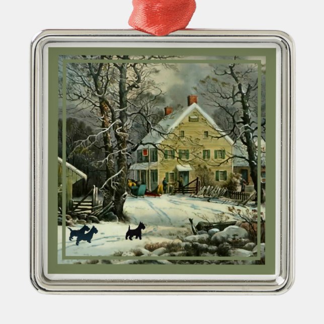 Scottish Terrier Old Fashioned Winter Silbernes Ornament (Vorne)
