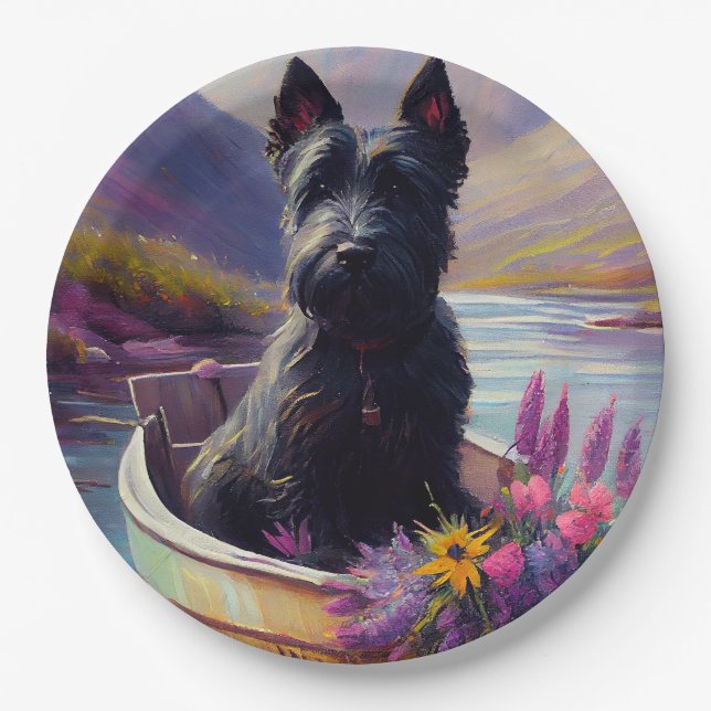 Scottish Terrier on a Paddle: Ein Landschaftliches Pappteller (Vorderseite)
