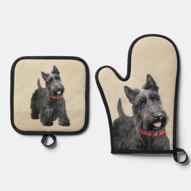 Scottish Terrier Painting Black Original Dog Art Ofenhandschuh & Topflappen-Set (Vorderseite)