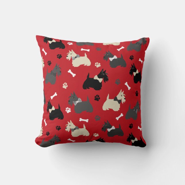 Scottish Terrier Paws and Bones Red Throw Pillow Kissen (Vorderseite)