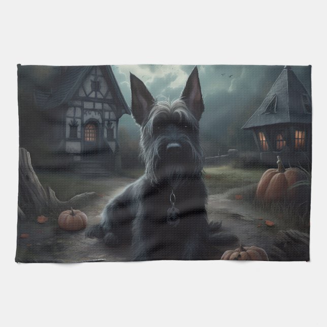 Scottish Terrier Pumpkins Halloween Beängstigend Geschirrtuch (Horizontal)