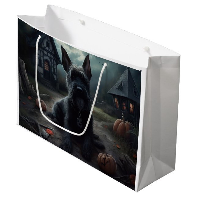 Scottish Terrier Pumpkins Halloween Beängstigend Große Geschenktüte (Vorderseite Schrägansicht)