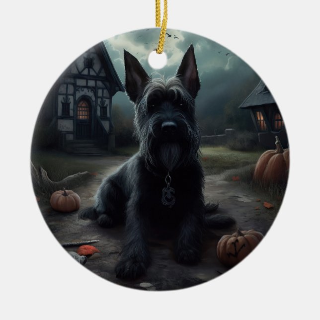 Scottish Terrier Pumpkins Halloween Beängstigend Keramik Ornament (Vorne)