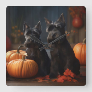 Scottish Terrier Puppy Autumn Delight Pumpkin Quadratische Wanduhr