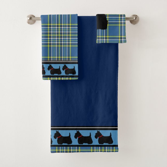 Scottish Terrier/Red Kragen/blue kariert/border Badhandtuch Set (Insitu)