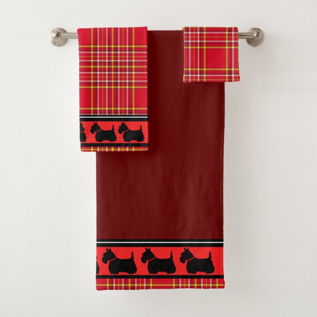 Scottish Terrier/Red Kragen/Red kariert/Grenze Badhandtuch Set (Insitu)