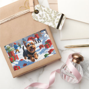 Scottish Terrier Running Snow mit Weihnachtshut Rechteckiger Aufkleber