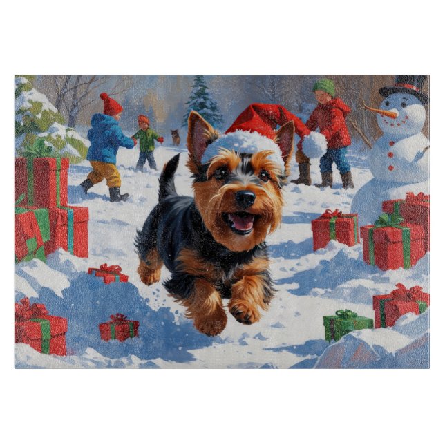 Scottish Terrier Running Snow mit Weihnachtshut Schneidebrett (Vorderseite)