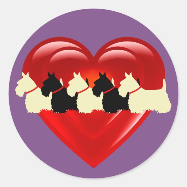 Scottish Terrier Schwarz/Weiß, Doppelherz/Kragen Runder Aufkleber (Vorderseite)