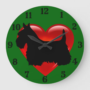 Scottish Terrier Schwarze Silhouette Rotes Herz/Gr Große Wanduhr