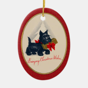Scottish Terrier Scottie Dog mit Geschenk und Baum Keramikornament