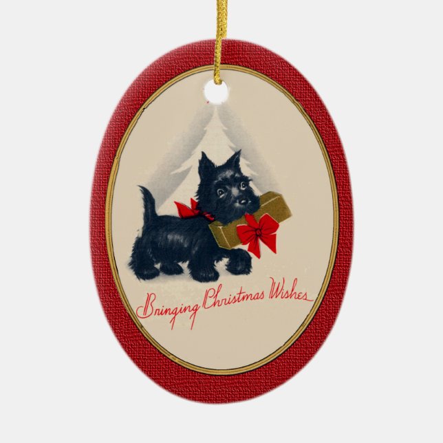 Scottish Terrier Scottie Dog mit Geschenk und Baum Keramikornament (Vorne)