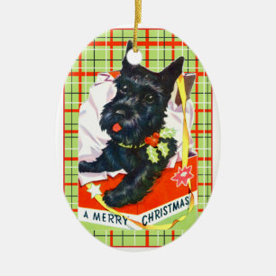 Scottish Terrier Scottie Dog mit Geschenk und kari Keramikornament