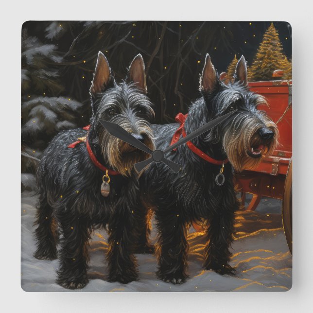 Scottish Terrier Snowy Sleigh Weihnachtsdekor Quadratische Wanduhr (Vorderseite)