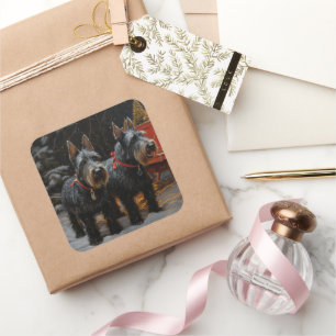 Scottish Terrier Snowy Sleigh Weihnachtsdekor Quadratischer Aufkleber