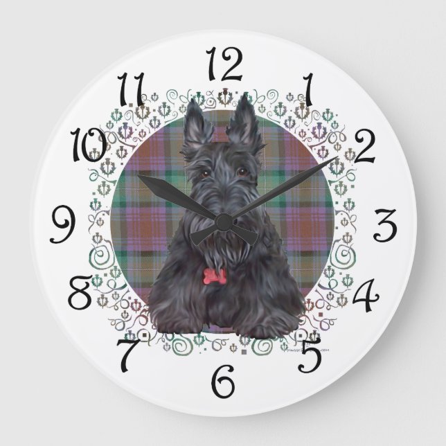 Scottish Terrier über Tartan Große Wanduhr (Vorderseite)