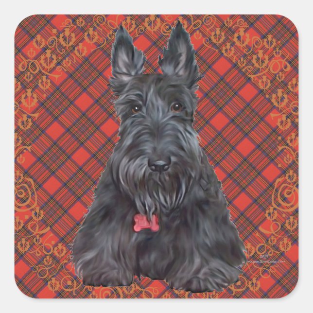 Scottish Terrier über Tartan Quadratischer Aufkleber (Vorderseite)