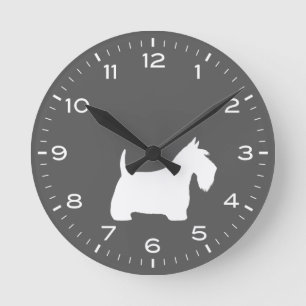 Scottish Terrier White Scottie Dog Silhouette Runde Wanduhr