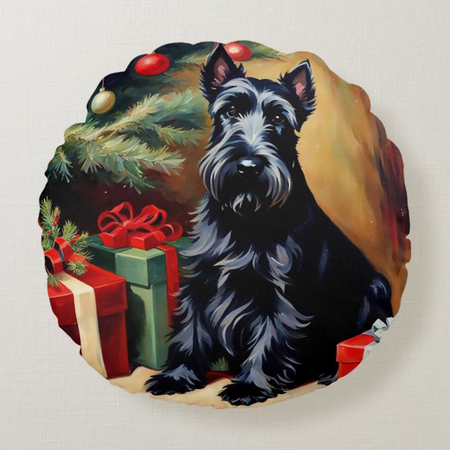 Scottish Terrier zu Weihnachten Rundes Kissen (Vorderseite)