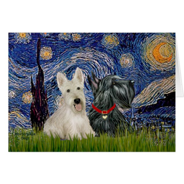 Scottish Terriers (Two-BW) - Starry Night (Vorderseite (Horizontal))