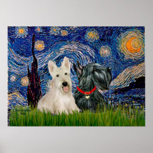Scottish Terriers (Two-BW) - Starry Night Poster