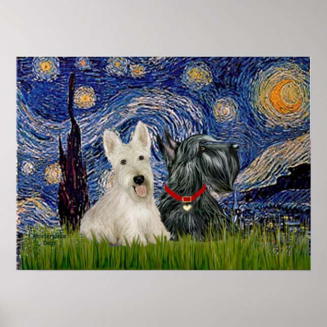 Scottish Terriers (Two-BW) - Starry Night Poster (Vorne)