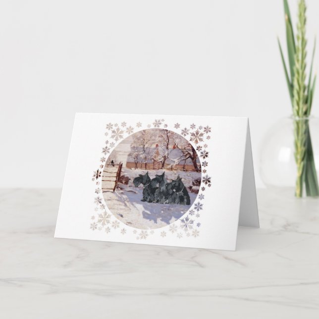 Scottish Terriers Winter Magpie Feiertagskarte (Vorderseite)
