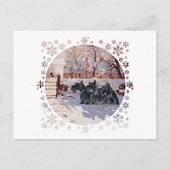 Scottish Terriers Winter Magpie Postkarte (Vorderseite)