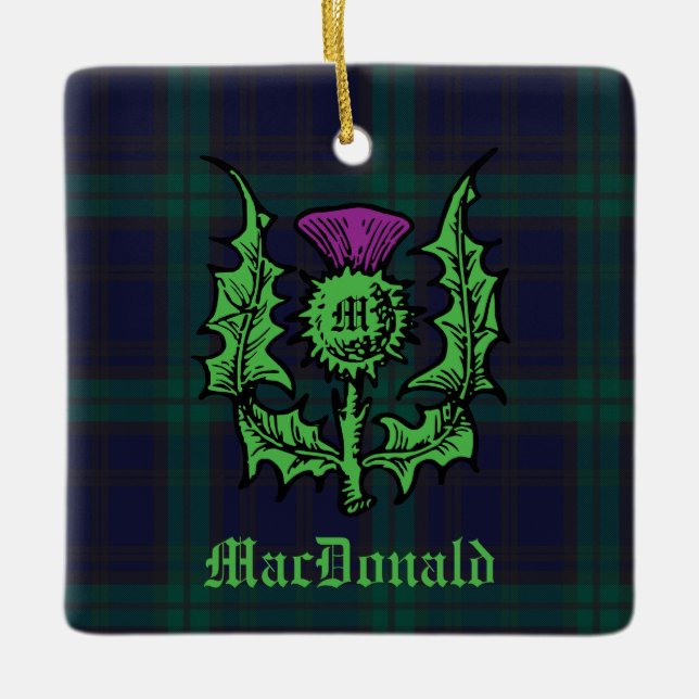 Scottish Thistle auf Dark Tartan Individuelle Name Keramikornament (Vorderseite)