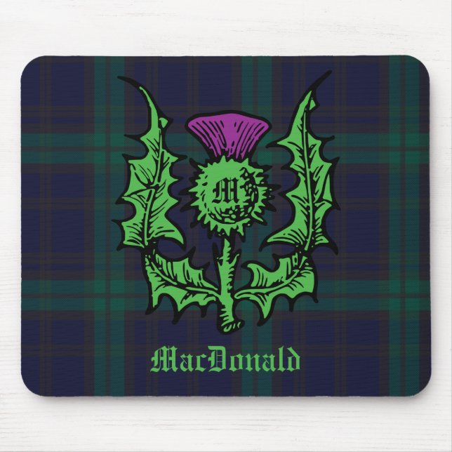 Scottish Thistle auf Dark Tartan Individuelle Name Mousepad (Vorne)