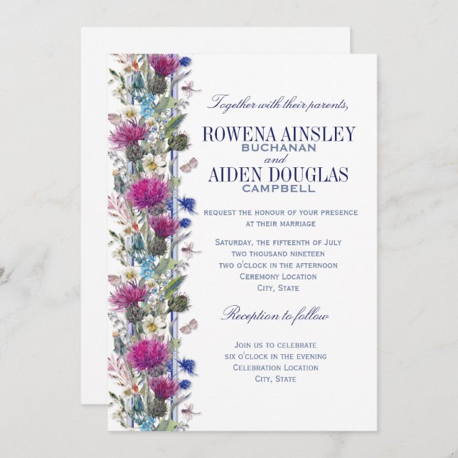 Scottish Thistle Floral Wedding Einladung (Vorne/Hinten)