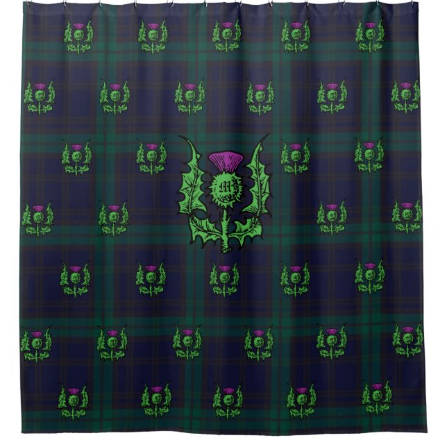 Scottish Thistle on Dark Tartan Custom Monogram Duschvorhang (Vorderseite)