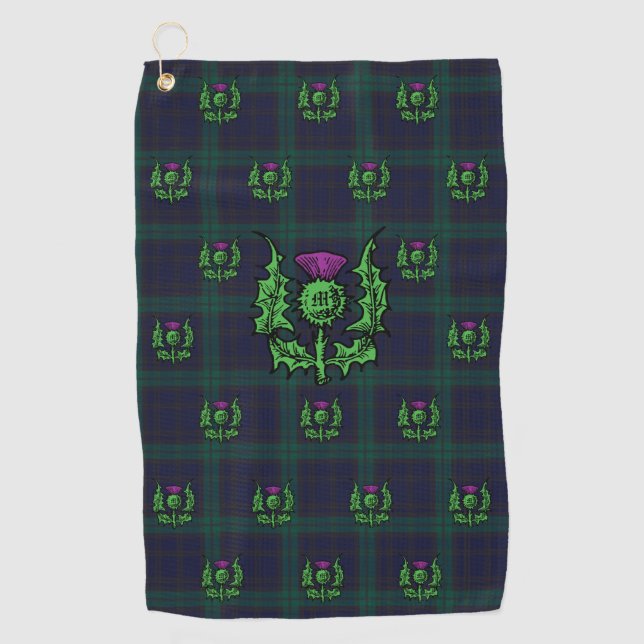 Scottish Thistle on Dark Tartan Custom Monogram Golfhandtuch (Vorderseite)
