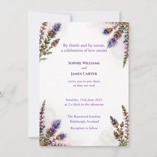 Scottish Watercolour Thistle Wedding Invitation Einladung (Vorderseite)