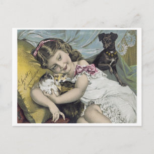 Scotts Emulsion Kleines Mädchen mit Hund und Katze Postkarte