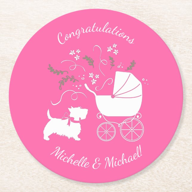 Scotty Dog Baby Shower Scottish Terrier Pink Runder Pappuntersetzer (Vorderseite)