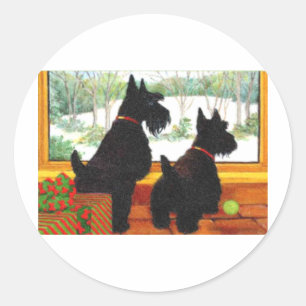 Scotty Hunde zu Weihnachten - Gewartet für Santa Runder Aufkleber