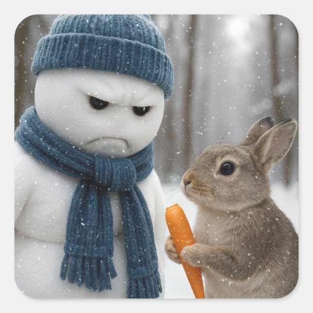 Scowling Christmas Snowman With a Bunny Quadratischer Aufkleber (Vorderseite)