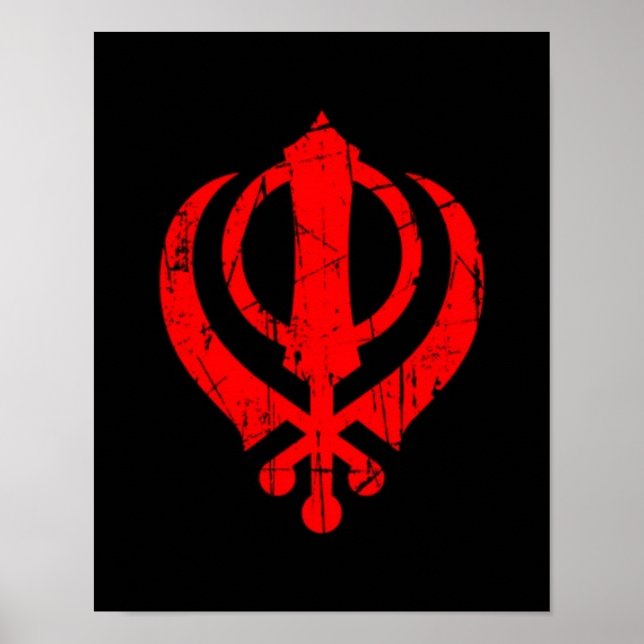 Scratched Red Sikh Khanda Symbol auf schwarz Poster (Vorne)