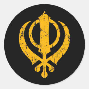 Scratched Yellow Sikh Khanda Symbol auf schwarz Runder Aufkleber