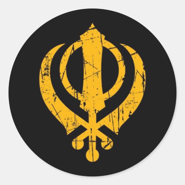 Scratched Yellow Sikh Khanda Symbol auf schwarz Runder Aufkleber (Vorderseite)